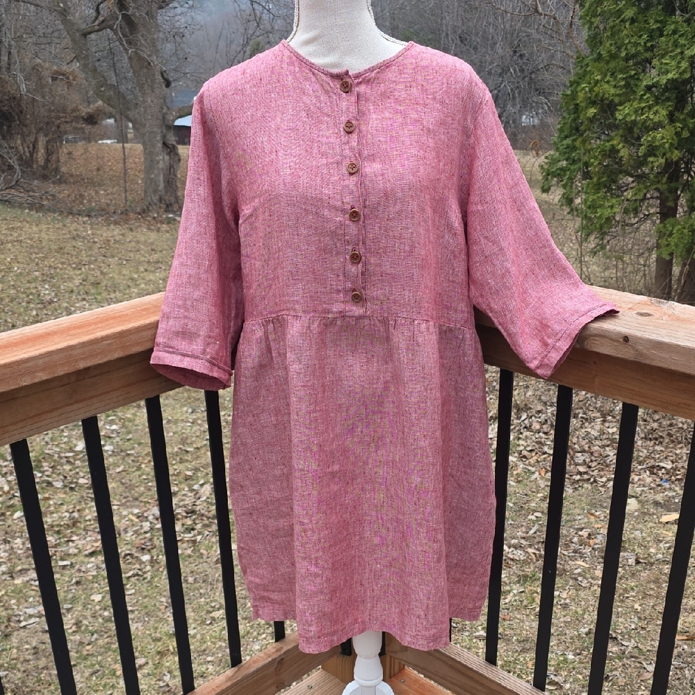 Pyne & Smith Model No.36 Knee Length Linen Dress in Poppy Chambray, Size LARGE